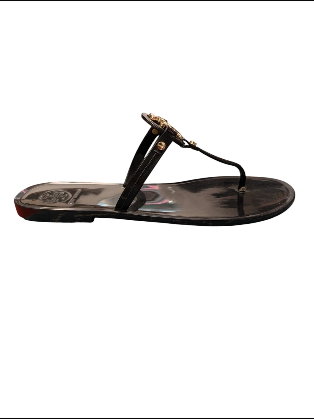 Tory Burch Black Jelly Miller Sandals Gold Logo Thong Flip Flops Size 7M